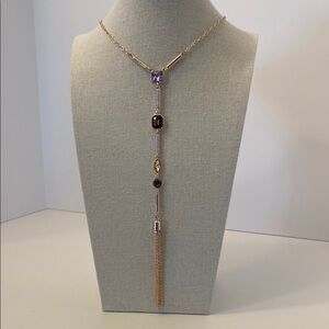 T Tahari Women’s Y Necklace Silver Tone w/Crystals Added Rose Gold Tone Tassel